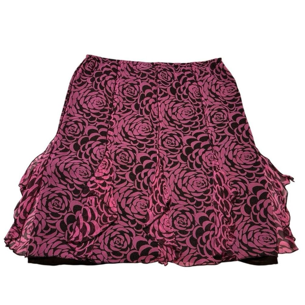 Y2K Worthington Silk Pink Brown Floral Ruffle Mini Skirt Size 10